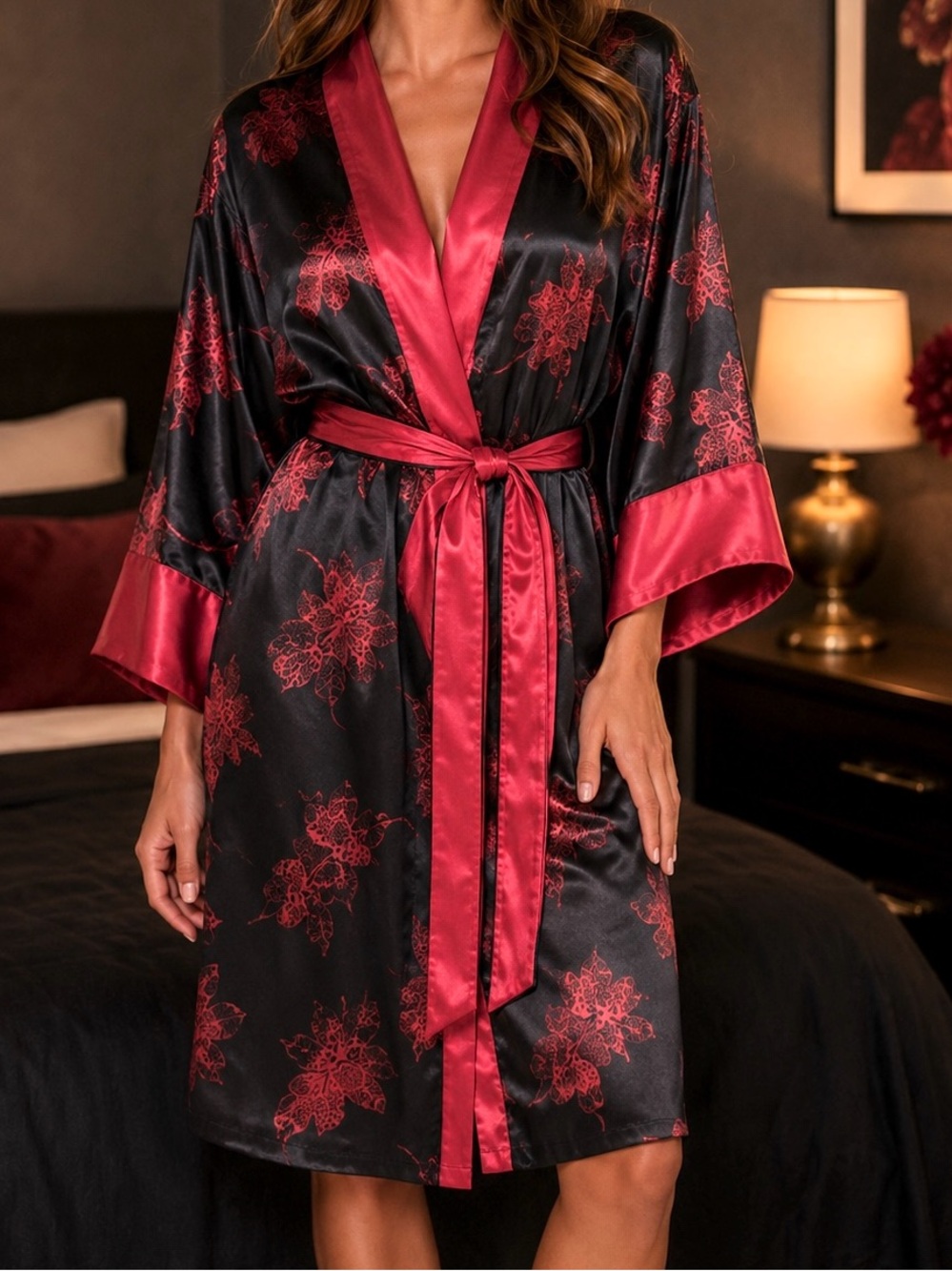 Victoria's Secret Gold Label Collection short kimono robe black satin leaf print